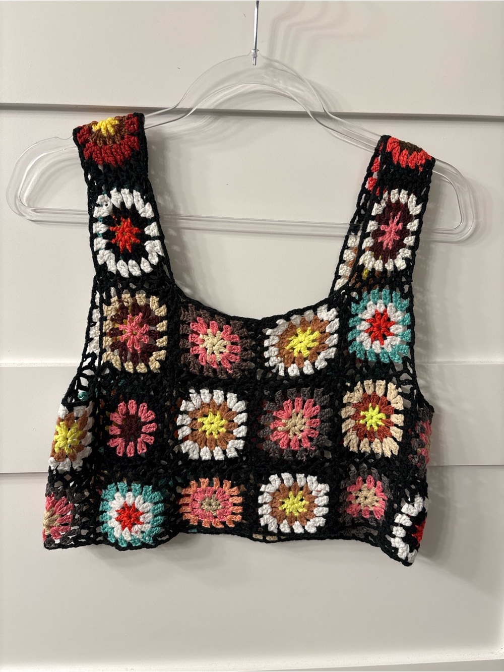 Handmade Crochet Knit Black Granny Square Crop Tank Top